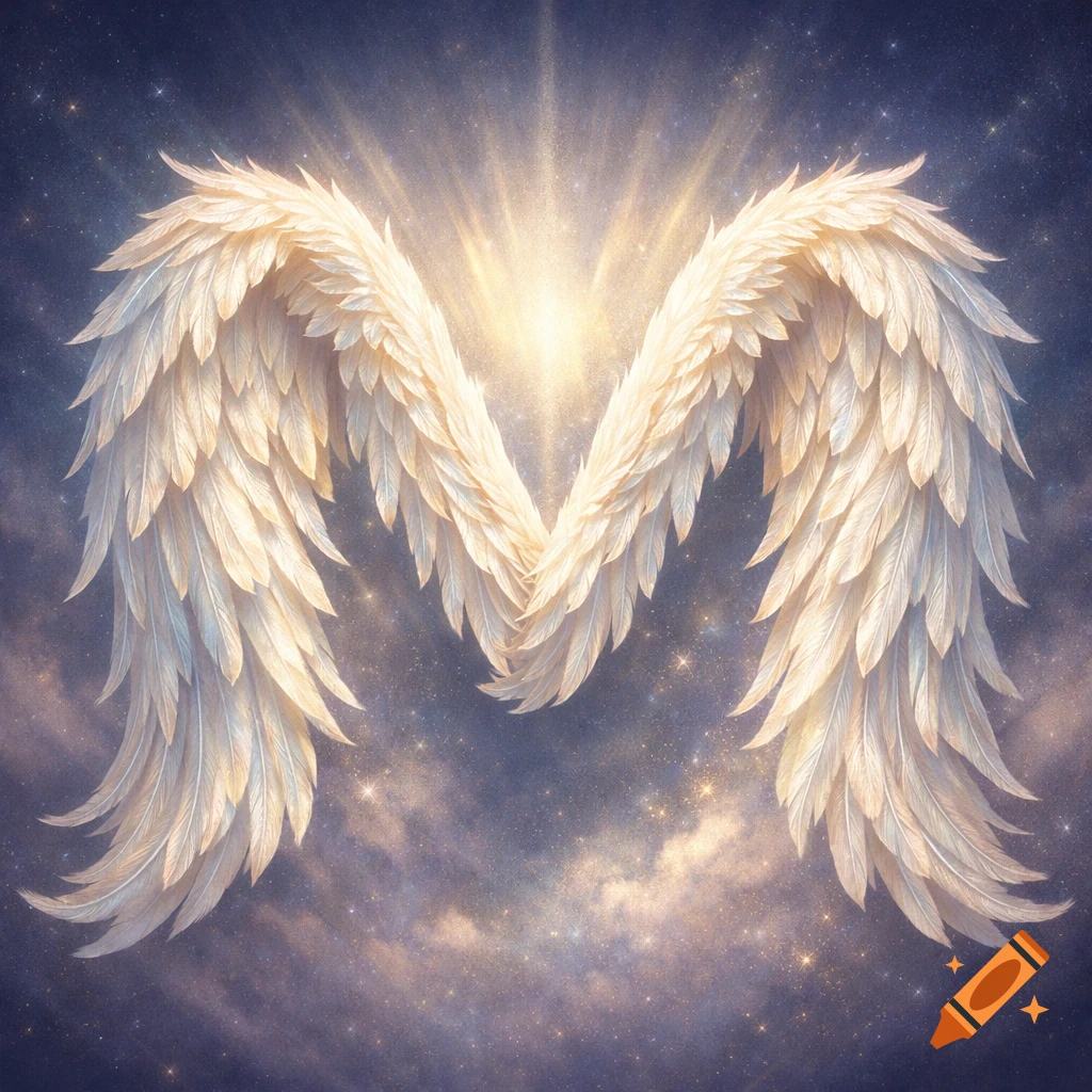 Two glowing white angel wings form a majestic letter M against a starry night sky.
