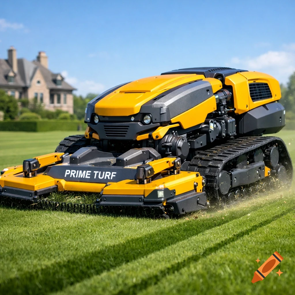 A large yellow and grey tracked robotic lawnmower with 'PRIME TURF' written on it, cutting grass on a manicured lawn.