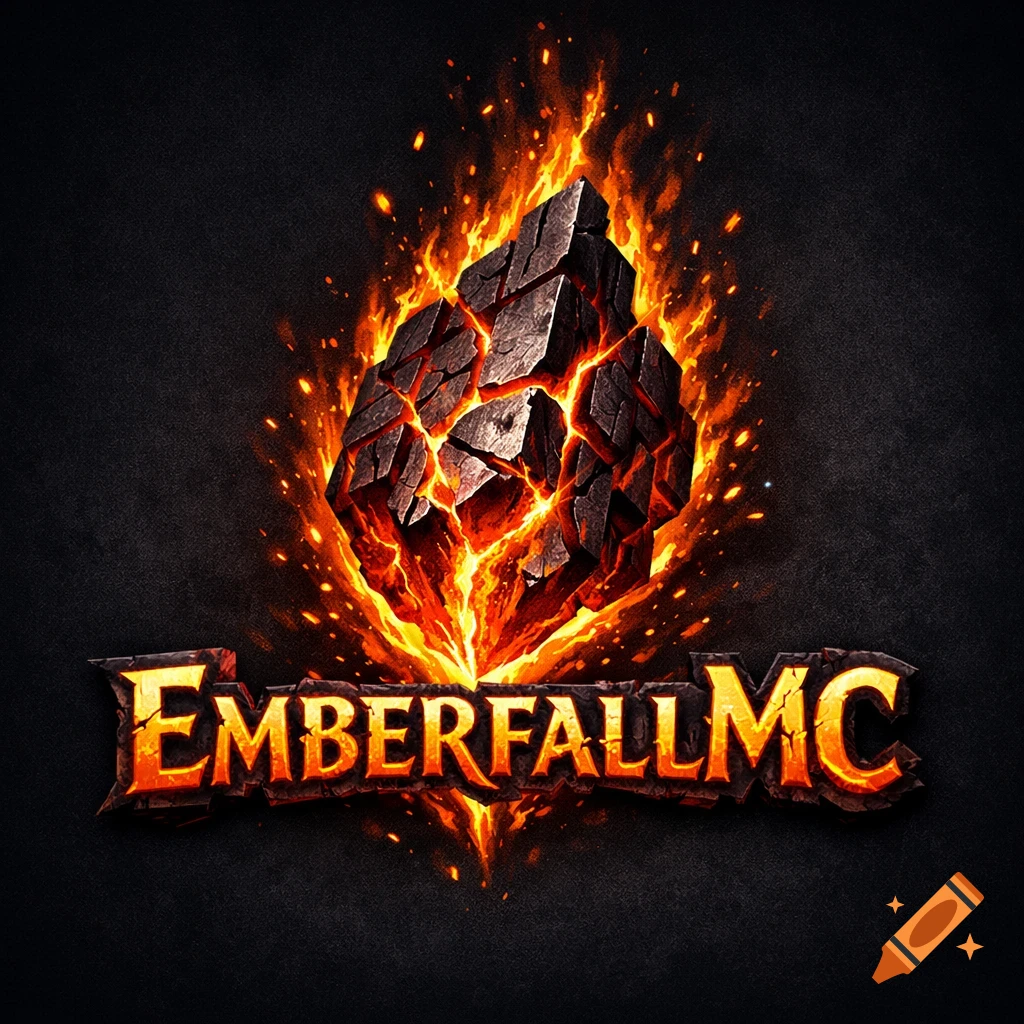 Fantasy style EmberfallMC logo with a cracked, glowing ember and fire against a dark background.