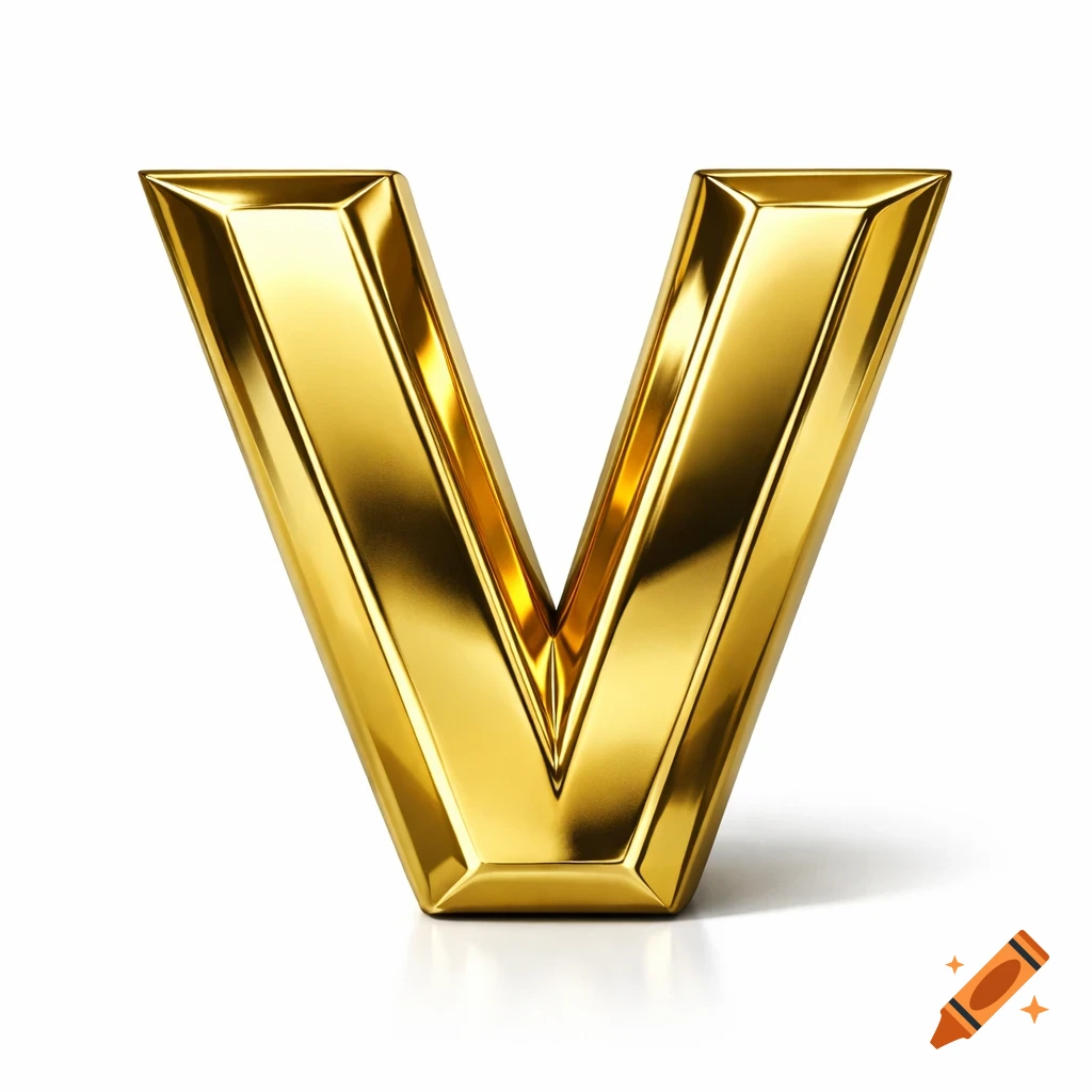 A shiny metallic gold letter V stands upright on a white background with a subtle reflection.