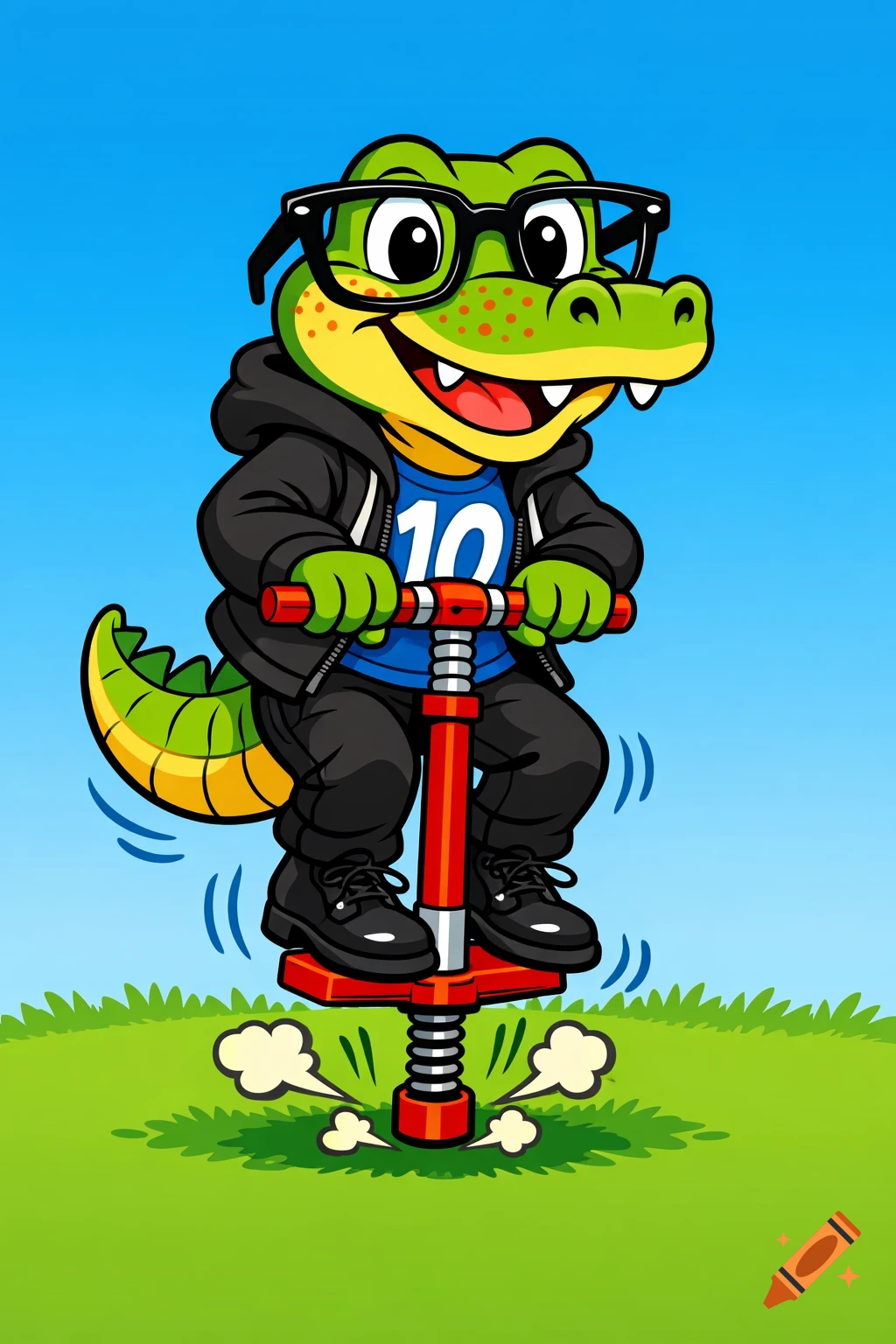 A friendly 2D cartoon alligator with freckles and eyeglasses jumps on a pogo stick on green grass under a blue sky.
