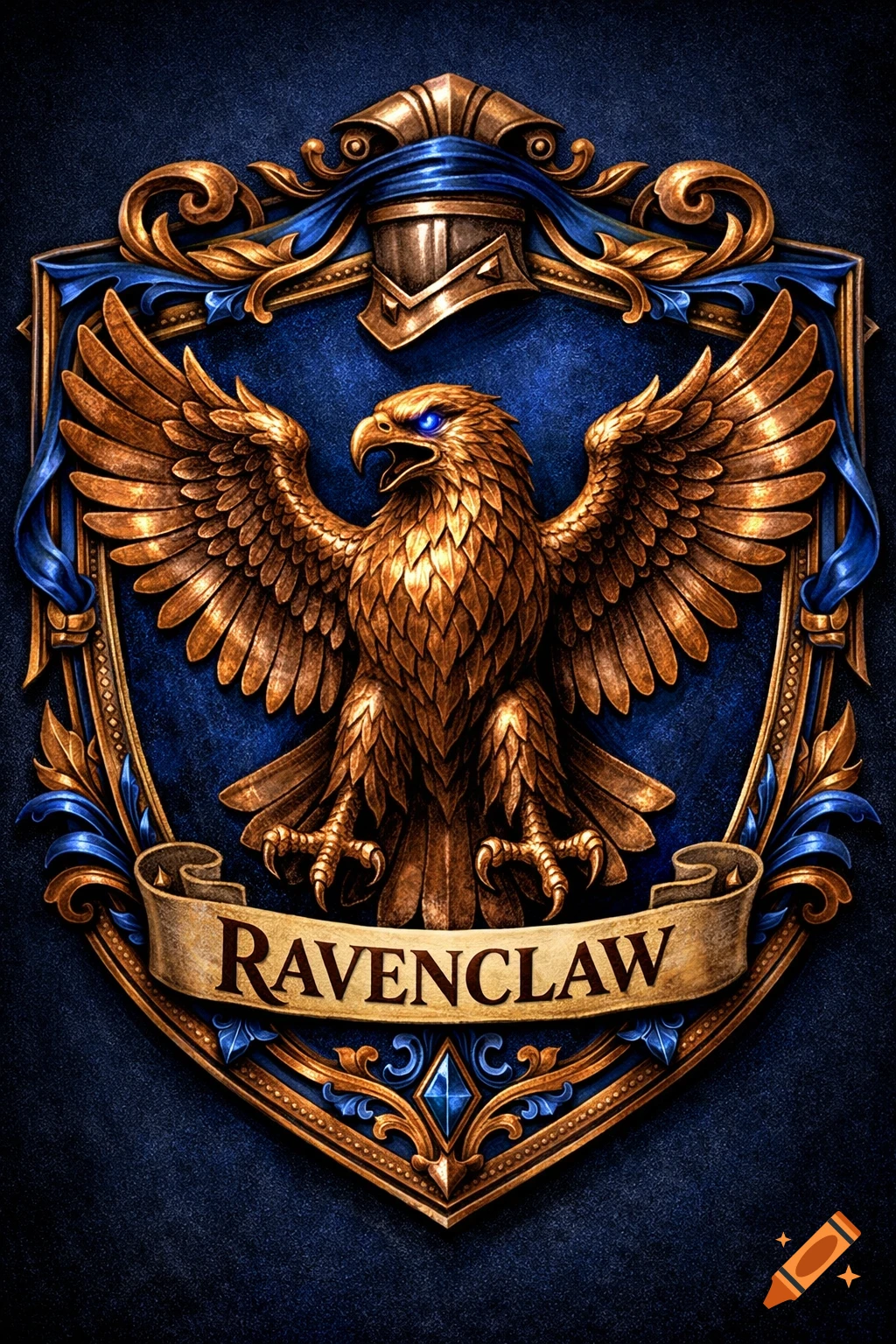 Intricate golden Ravenclaw crest featuring an eagle with blue eyes on a blue and gold shield with a banner.