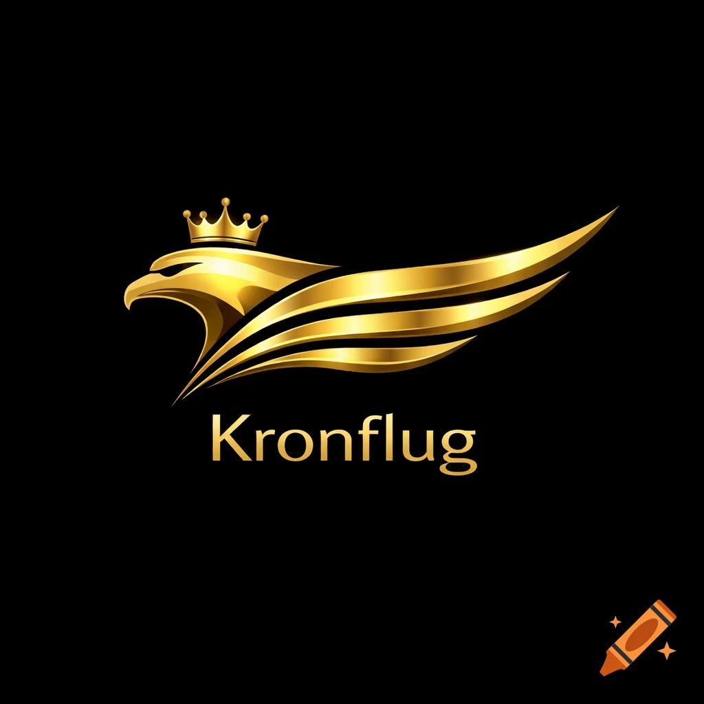 Golden eagle head with a crown, stylized wings, and 'Kronflug' text on a black background.