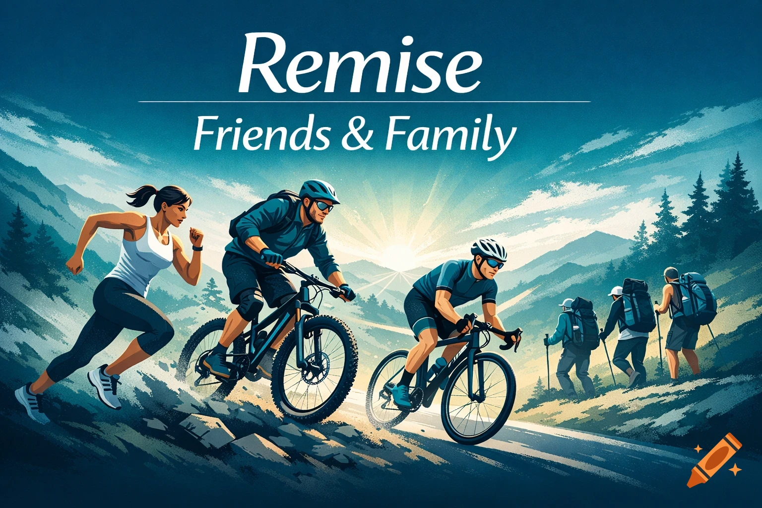 Stylized illustration of people running, cycling, and hiking in mountains under text 'Remise Friends & Family'.