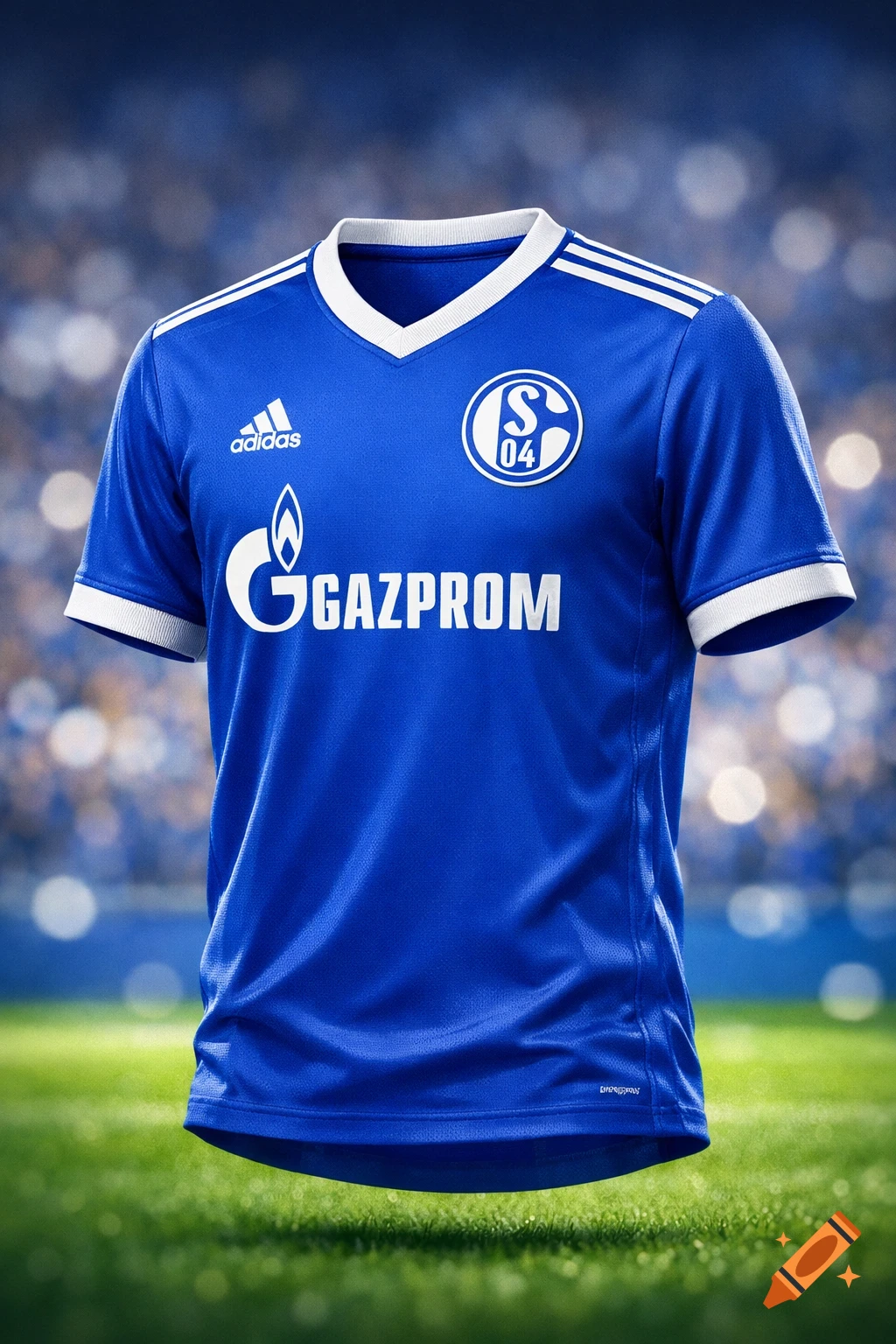 Photorealistic blue Schalke 04 soccer jersey with Adidas stripes and 'GAZPROM' logo, floating over a blurred soccer field.