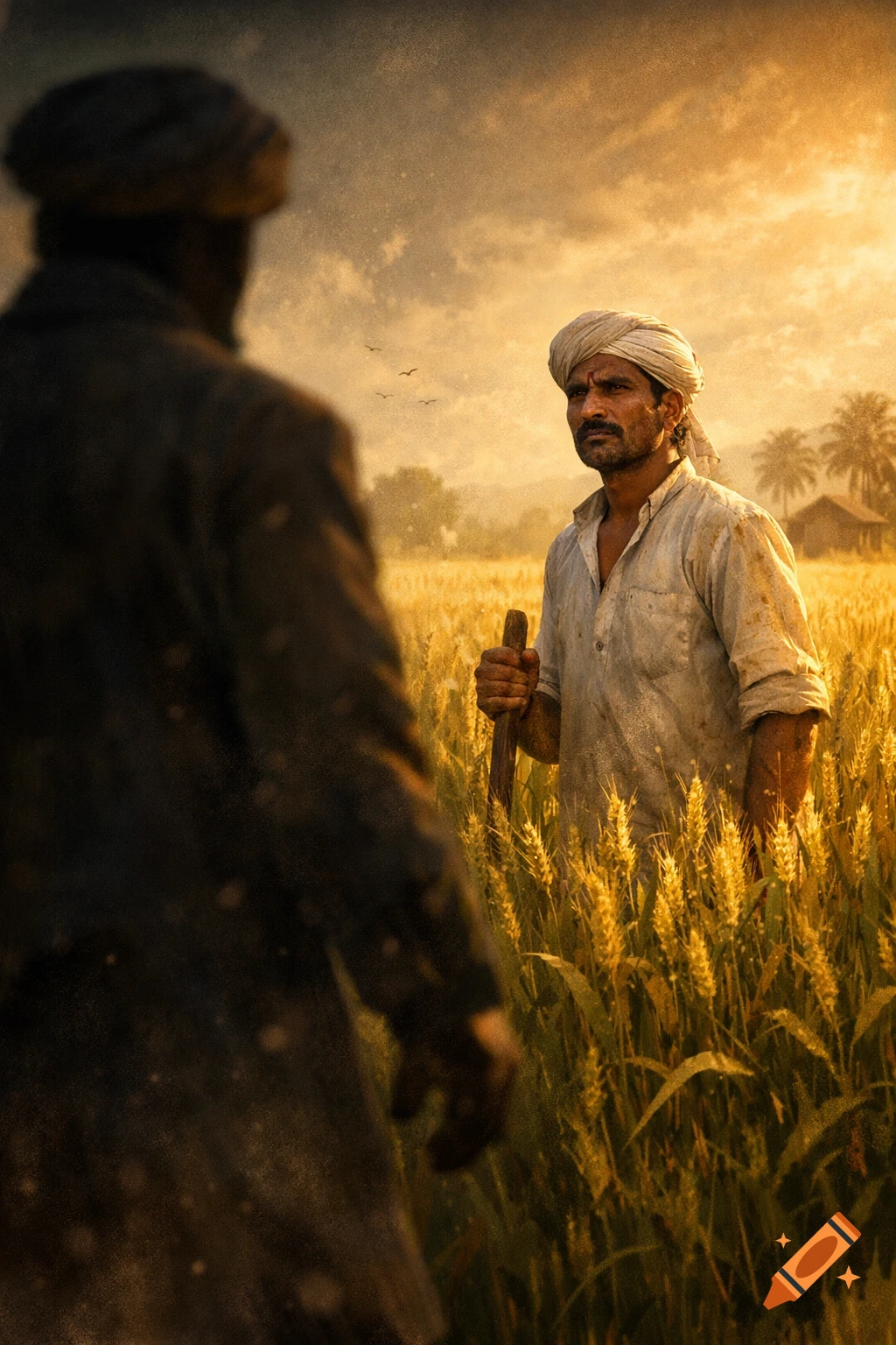 Photorealistic image of an Indian farmer in a golden wheat field at sunset, with a blurred figure in the foreground.