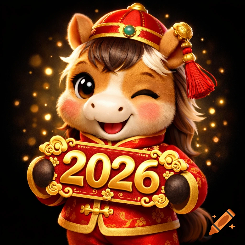 Cute winking anthropomorphic horse in red and gold Chinese New Year attire, holding a '2026' sign, 3D kawaii illustration style.