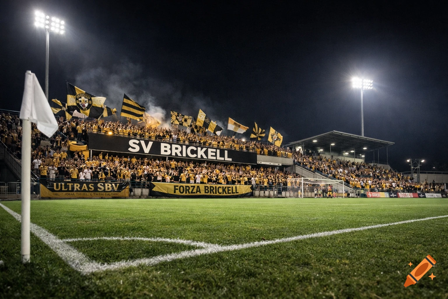 Photorealistic nighttime soccer stadium scene with fans in gold and black, flags, and banners, viewed from the field corner.