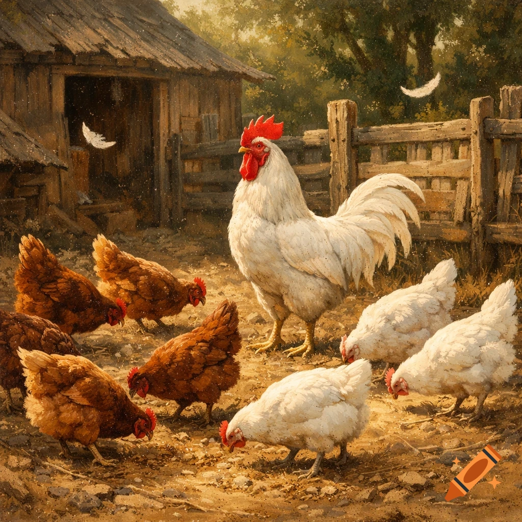 A proud white rooster stands among brown and white hens pecking at the ground near a rustic wooden coop and fence in a painterly farm scene.