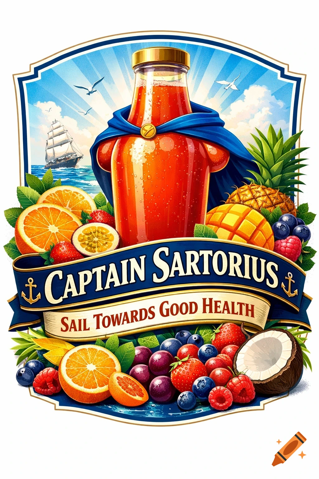 Vibrant illustration of a 'Captain Sartorius' fruit juice label featuring a bottle with a blue cape, surrounded by various fruits and a sailing ship.