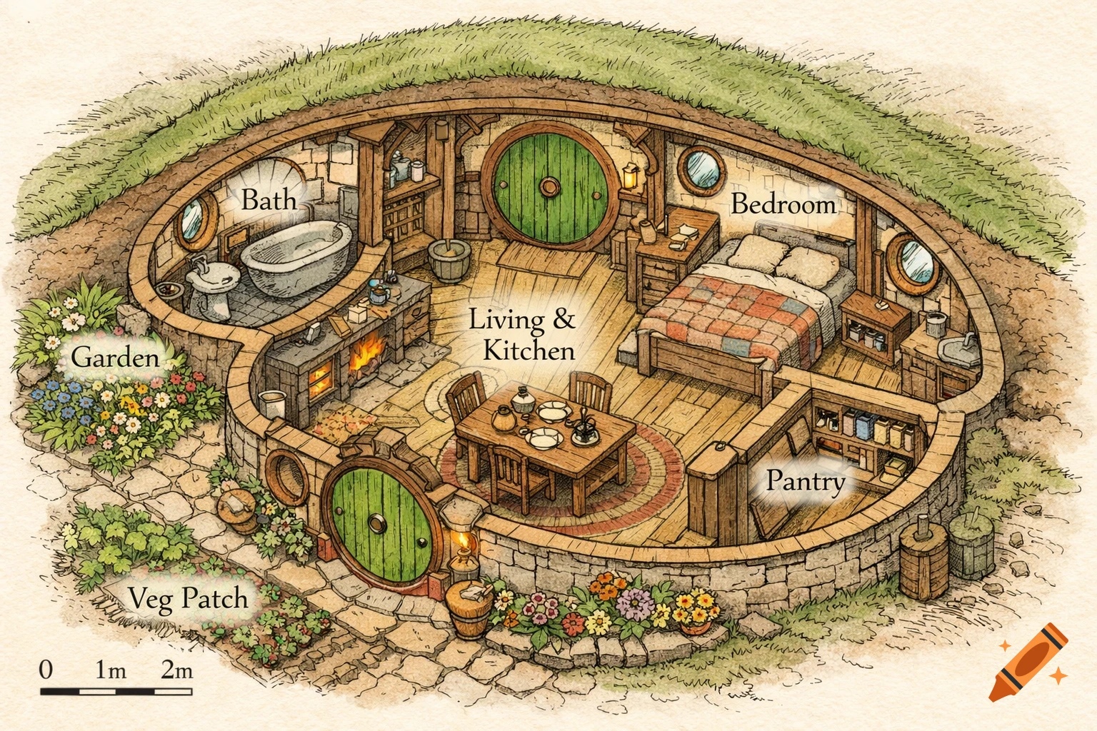 Detailed isometric hand-drawn floor plan of a cozy Hobbit house with a round green door, living area, bedroom, bath, garden, and scale bar.
