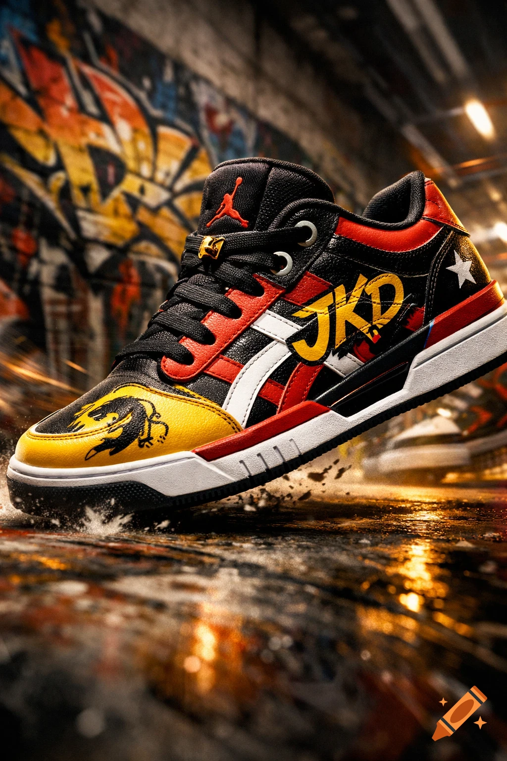 A vibrant black, red, and yellow low-top sneaker with 'JKD' text and a Jumpman logo sits on a wet, graffiti-covered street.