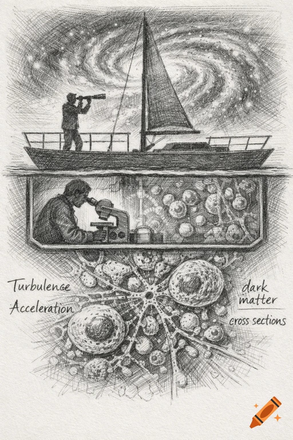 Sketch of scientific exploration: a man with a telescope on a boat under a galaxy, another with a microscope below deck, and labeled magnified structures.