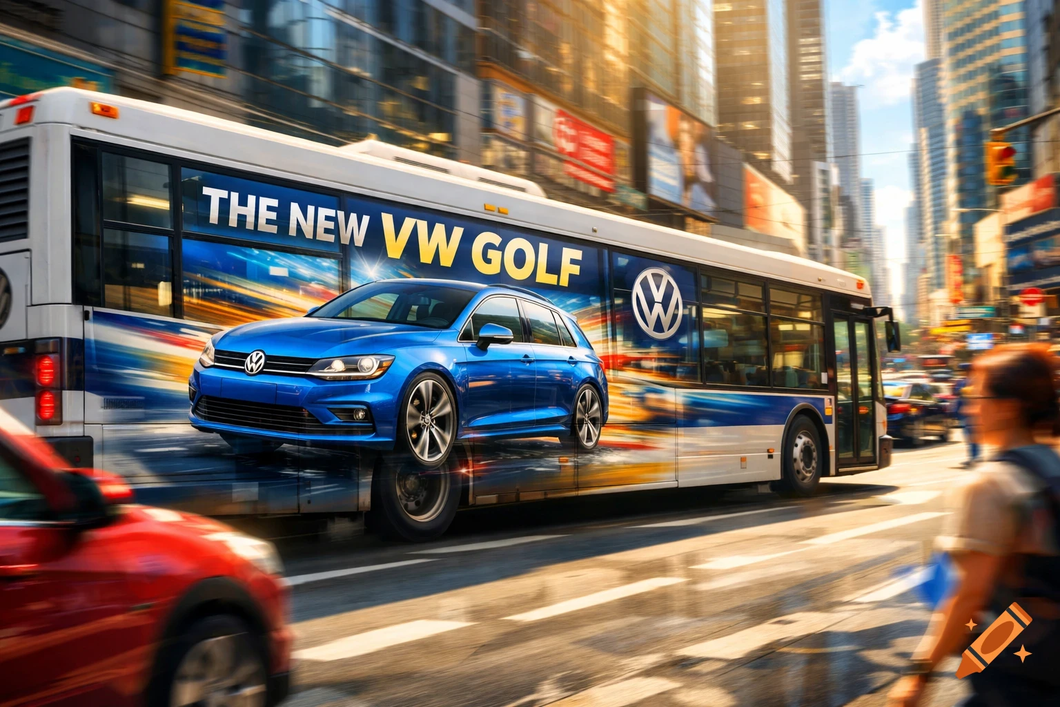 A blue Volkswagen Golf car is advertised on a bus driving through a busy city street.