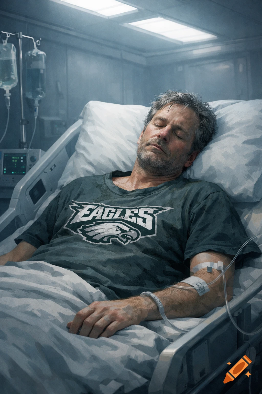 Middle-aged man in a Philadelphia Eagles t-shirt sleeps in a hospital bed with an IV, in a realistic style.