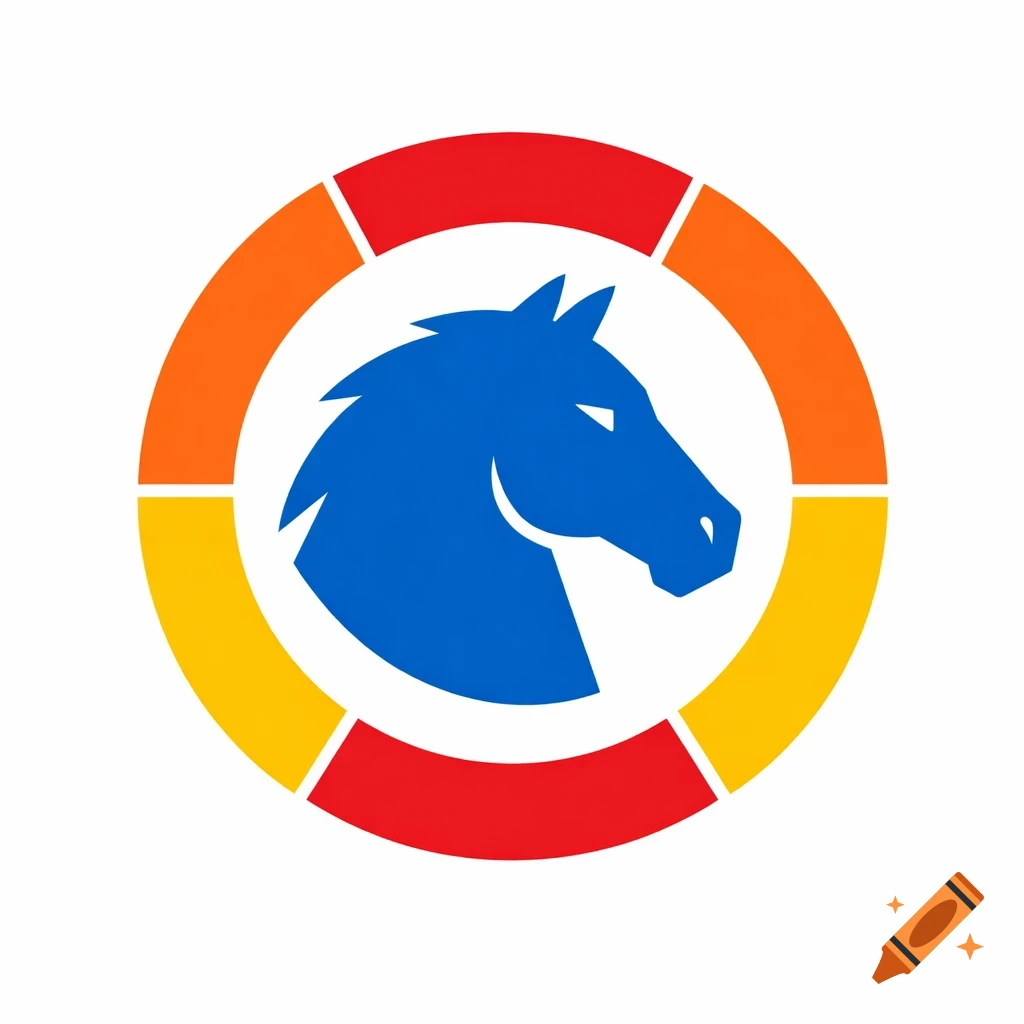 Flat vector logo featuring a blue horse head in a segmented red, orange, and yellow circular ring.