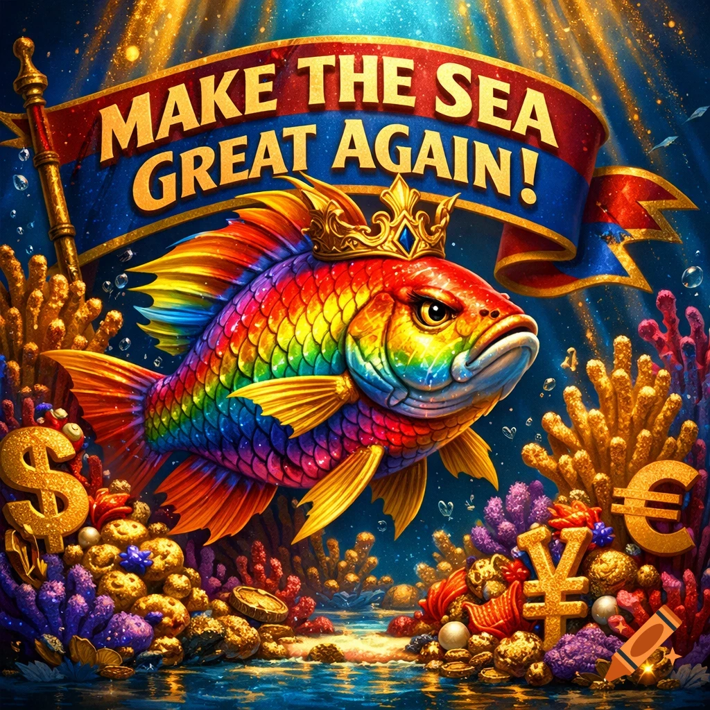 Vibrant rainbow fish with a golden crown in a rich underwater scene with coral and treasure. A banner overhead reads 'MAKE THE SEA GREAT AGAIN!'.