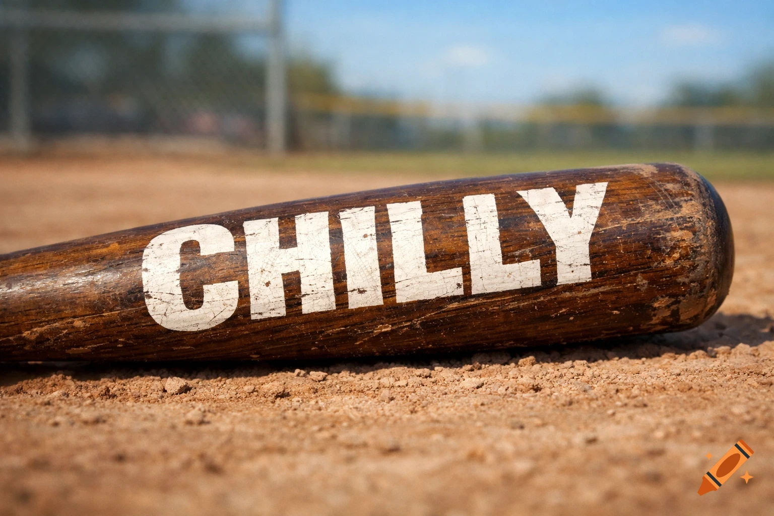 A close-up, photorealistic shot of a worn wooden baseball bat with 'CHILLY' painted in white on it, lying on a dirt baseball field.