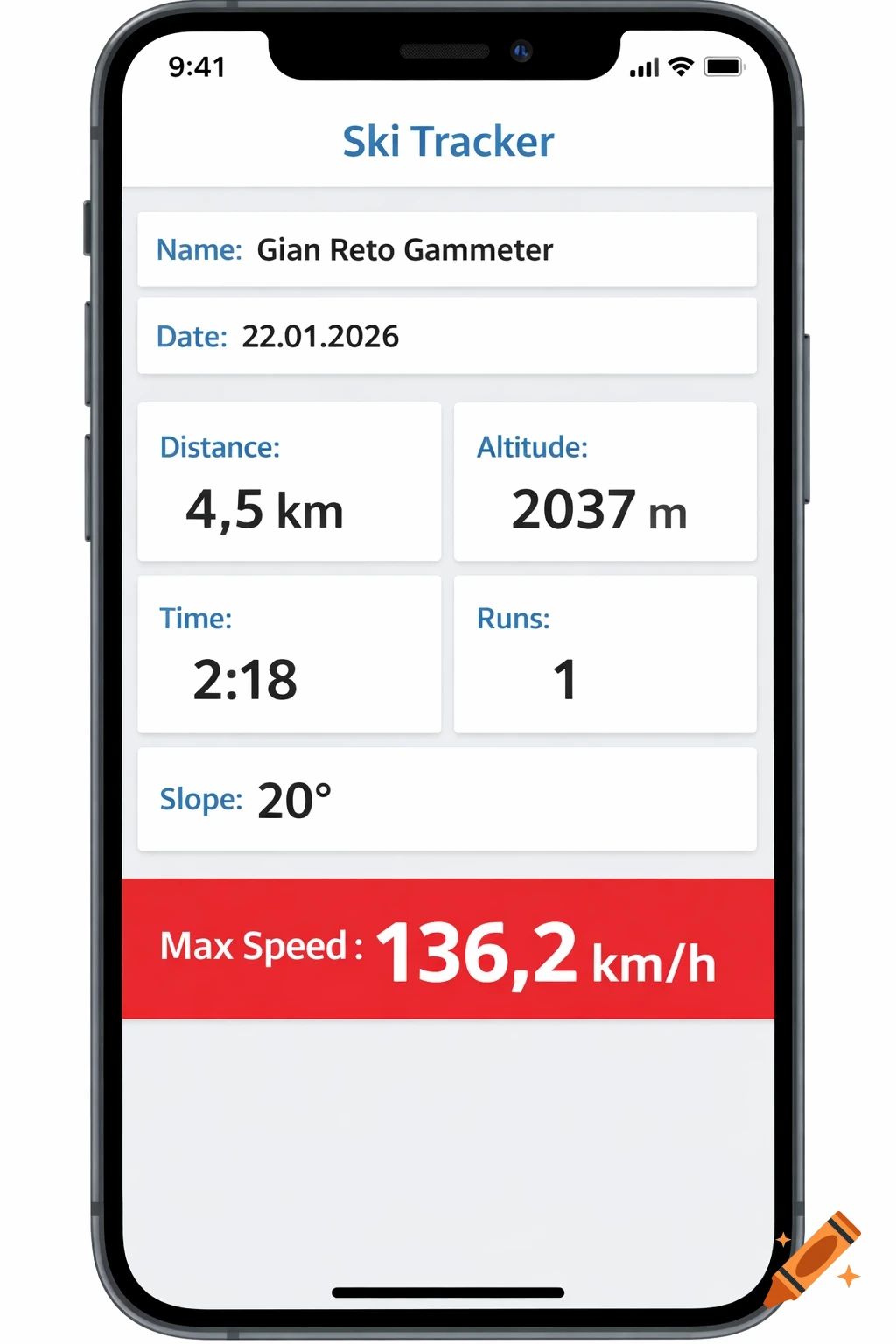 A smartphone screen showing a 'Ski Tracker' app interface with skiing data, including name, date, distance, altitude, time, runs, slope, and a highlighted max speed of 136,2 km/h.