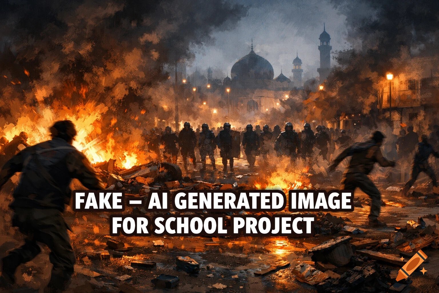 Illustrated chaotic protest in a Middle Eastern city at night, with fires, running people, and security forces. Text: FAKE – AI GENERATED IMAGE FOR SCHOOL PROJECT.