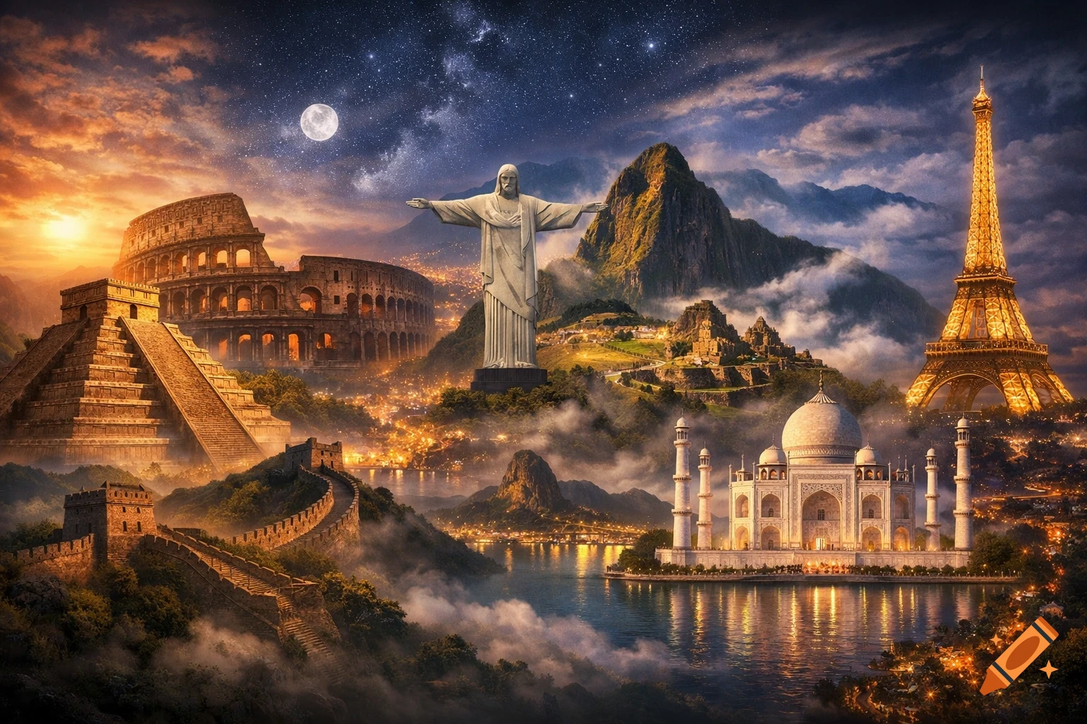 A majestic composite landscape of world landmarks including the Eiffel Tower, Taj Mahal, Colosseum, Christ the Redeemer, and pyramids under a dramatic sunset and starry sky.