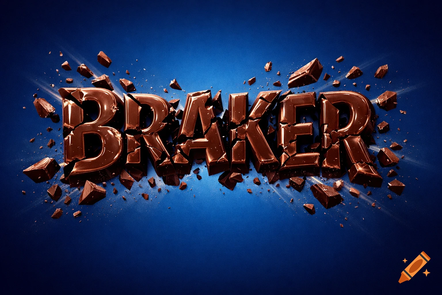 The word BRAKER, made of shiny milk chocolate, appears broken into pieces, scattering chocolate shards on a vibrant blue background.