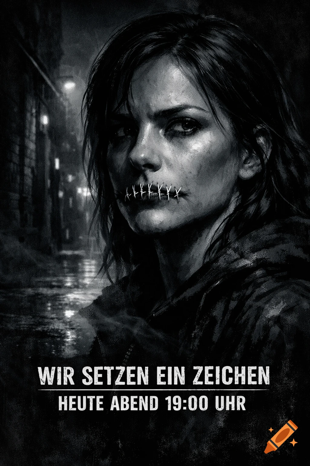 Black and white, gritty portrait of a woman with a sewn mouth in a dark city street, text 'WIR SETZEN EIN ZEICHEN HEUTE ABEND 19:00 UHR'.