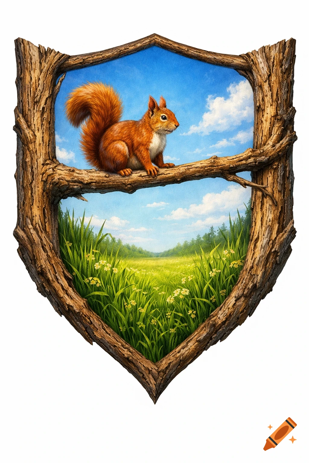 Red squirrel on a tree branch inside a shield-shaped wooden frame, with a blue sky and green meadow.