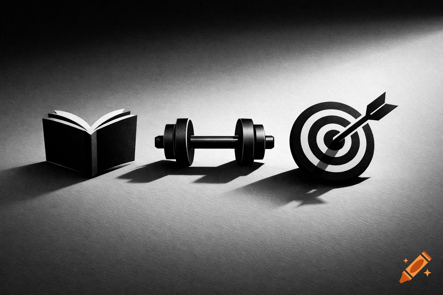 A black and white image of an open book, a dumbbell, and a target with an arrow, symbolizing habits for achievement.