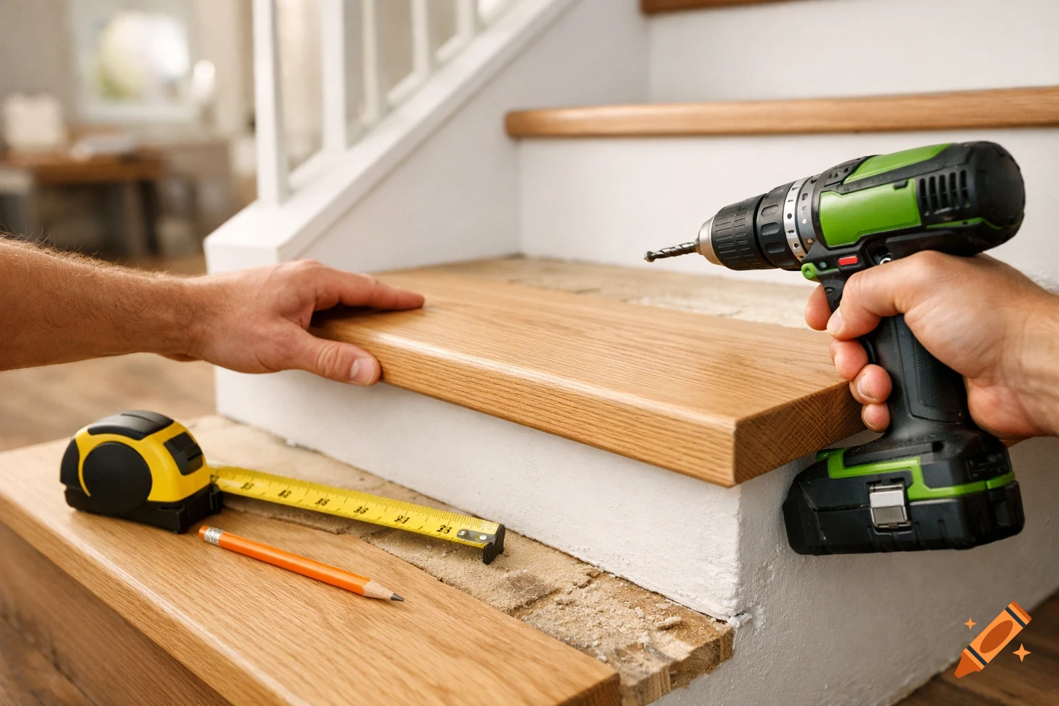 Close-up of hands installing a wooden stair tread with a cordless drill and measuring tape in a bright modern interior.