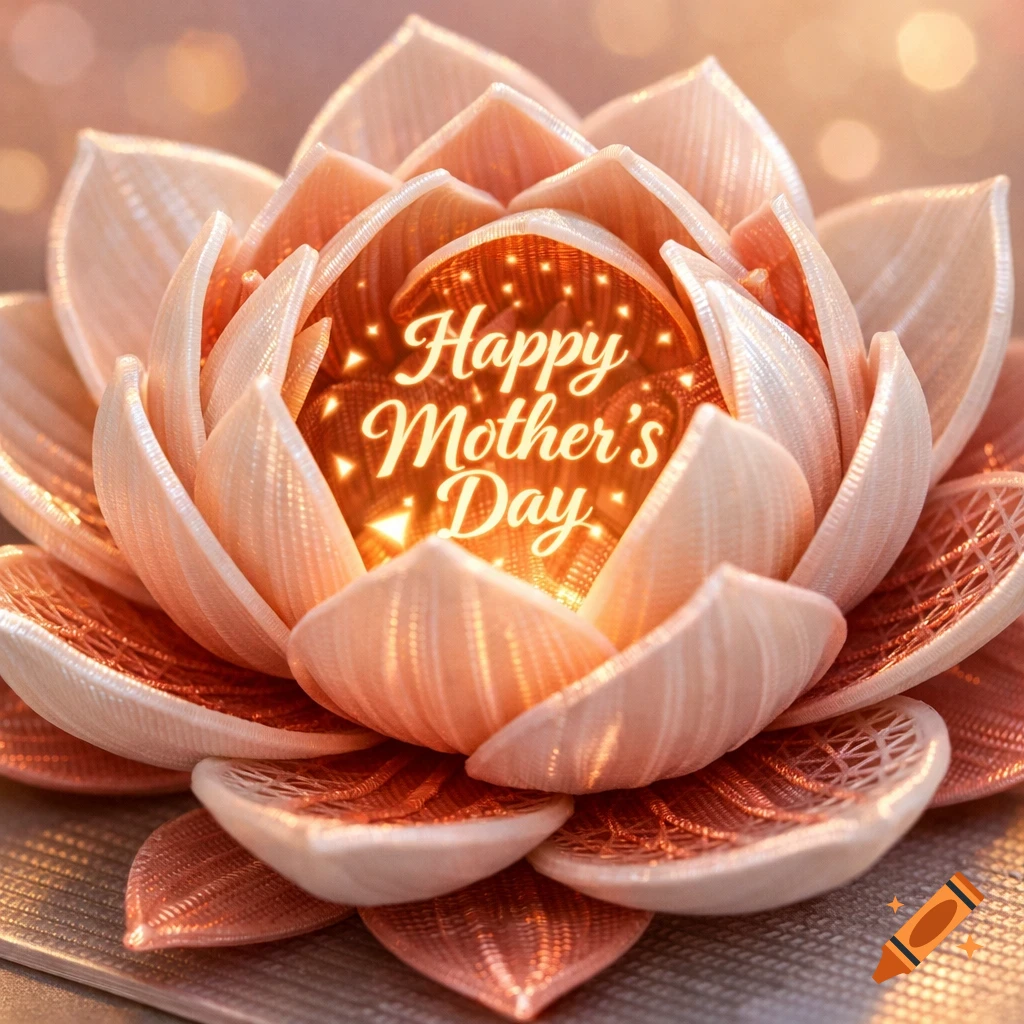 A glowing 3D printed lotus flower with 'Happy Mother's Day' illuminated inside its petals.