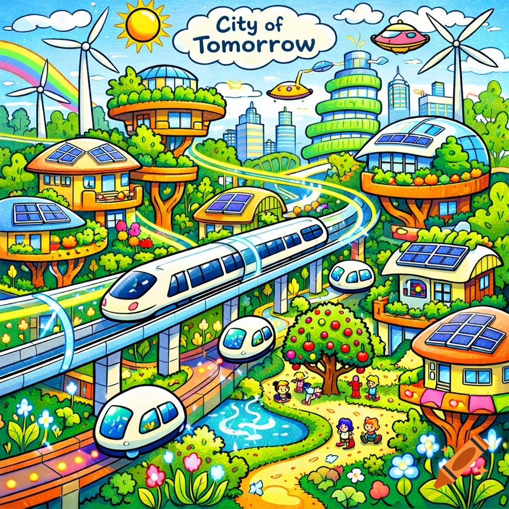 Vibrant cartoon illustration of a futuristic, eco-friendly city with a maglev train, treehouses, windmills, and solar panels.