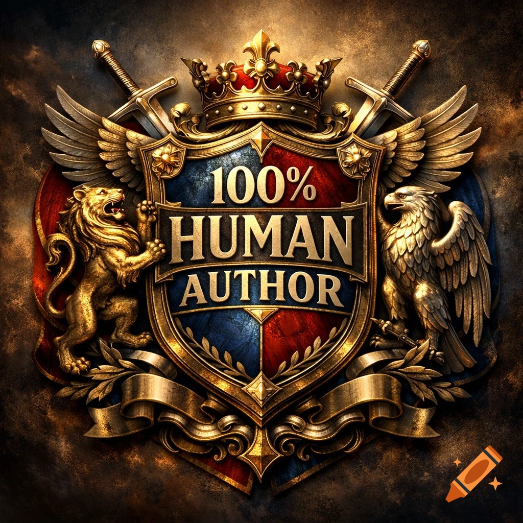 A gold and red heraldic crest with a lion, eagle, crown, and crossed swords. Text on a shield reads "100% HUMAN AUTHOR".