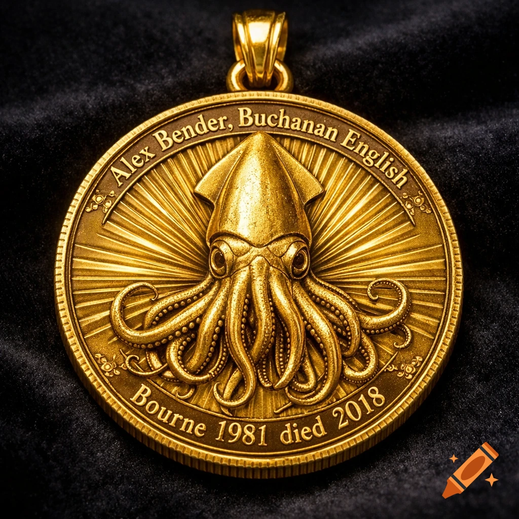 A highly detailed gold coin pendant featuring a giant squid in the center surrounded by radial lines and text along the edges.