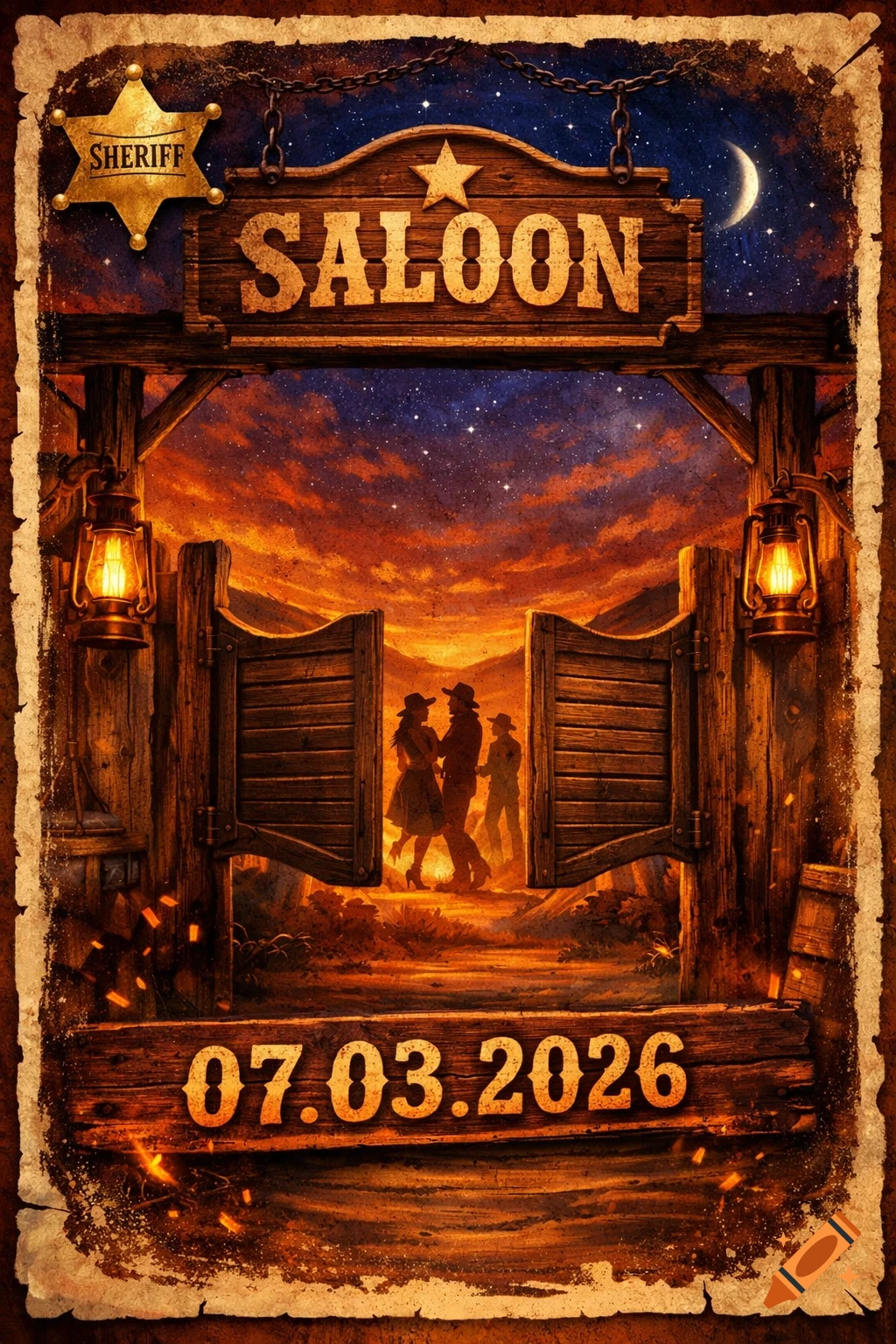 A vintage-style Western poster featuring a saloon entrance with swing doors, two people silhouetted inside, a sheriff star, and the date 07.03.2026.