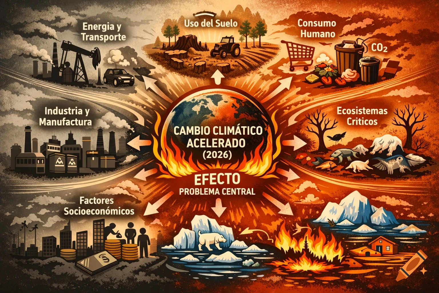An infographic illustrating accelerated climate change in 2026, with a flaming Earth at the center, surrounded by arrows pointing from various causes like energy, land use, human consumption, industry, and socioeconomic factors, leading to critical ecosystems damage, melting ice, and fires.