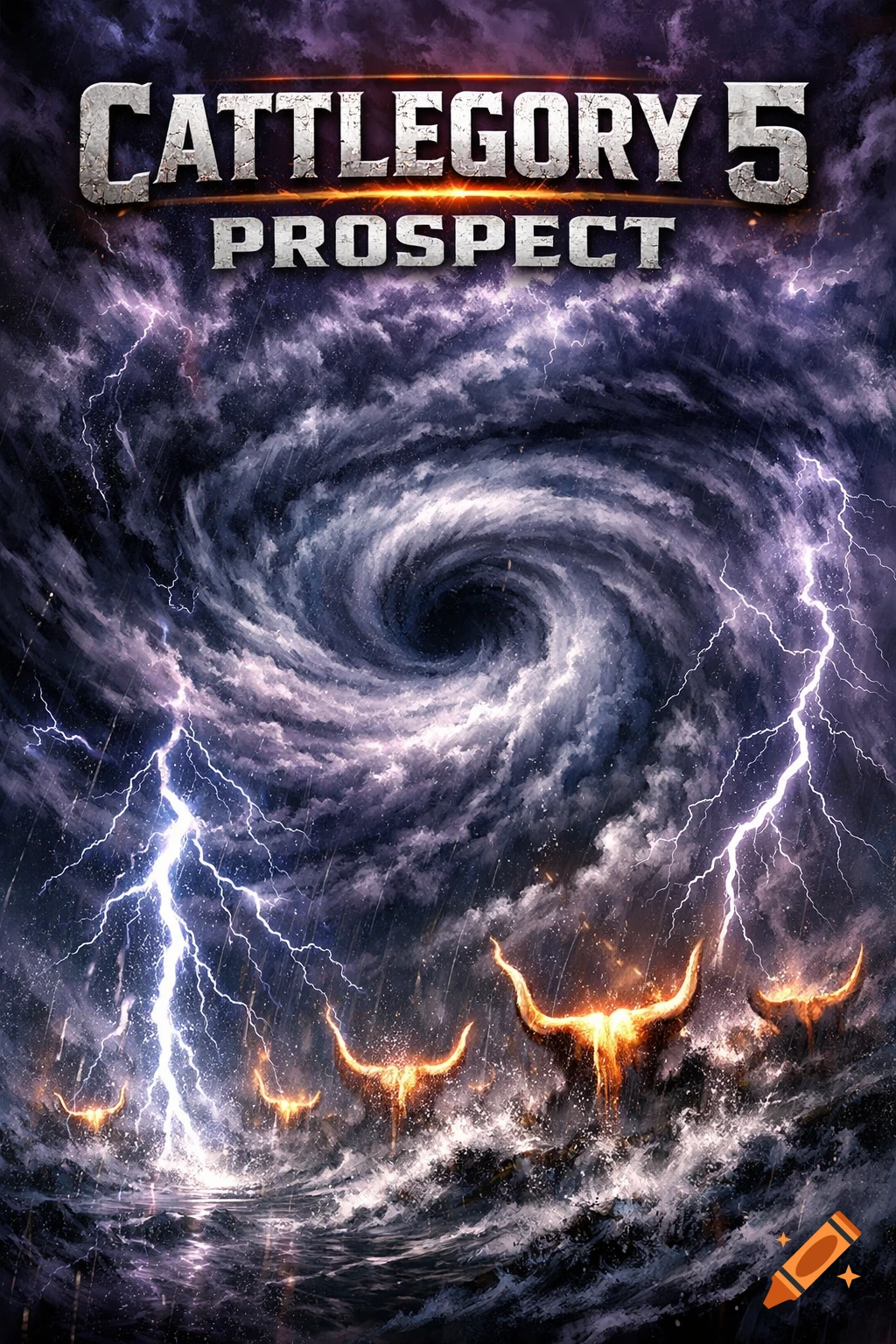 A dramatic digital painting of a stormy hurricane with lightning, swirling clouds, and glowing bull heads emerging from turbulent waters. The title "CATTLEGORY 5 PROSPECT" appears at the top.