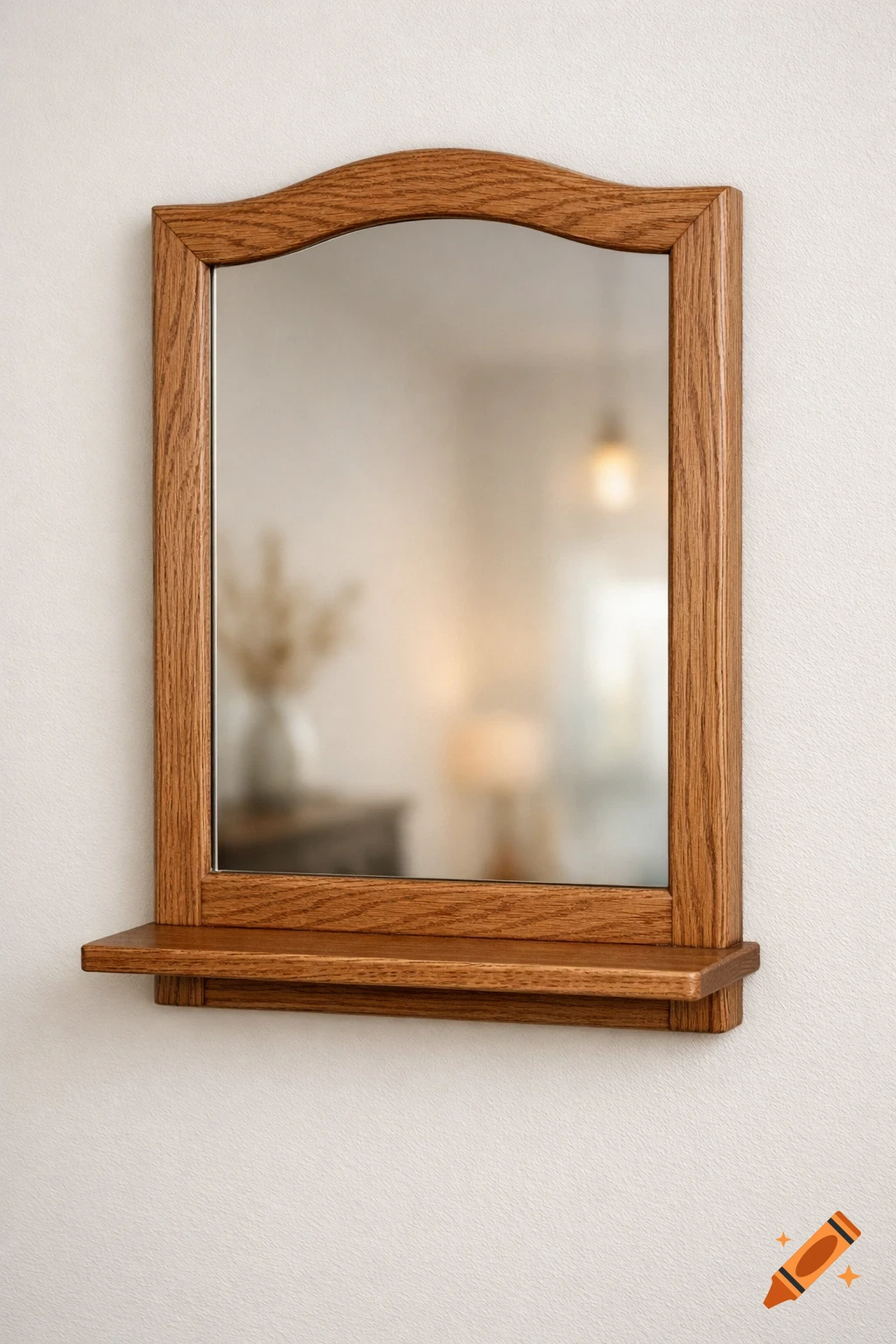 A wall mirror with a wavy-edged oak wood frame and a small matching oak shelf below, mounted on a white wall.