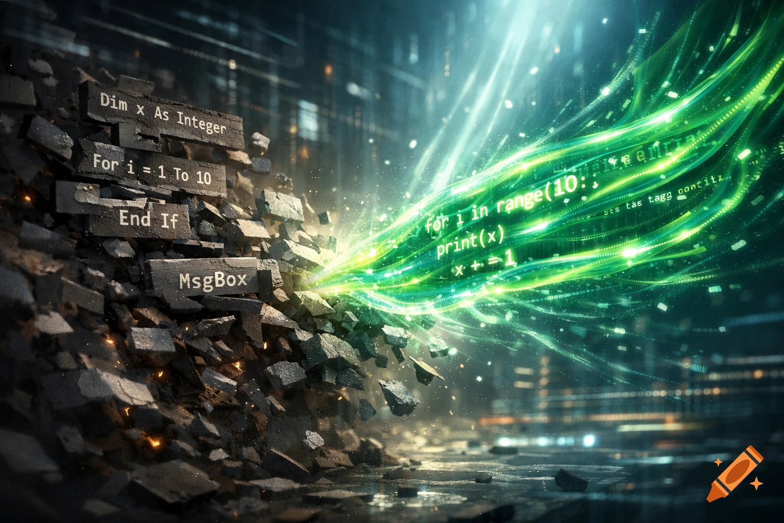 Digital art showing code blocks, some resembling VBA, breaking apart as glowing green streams of Python code emerge from them.