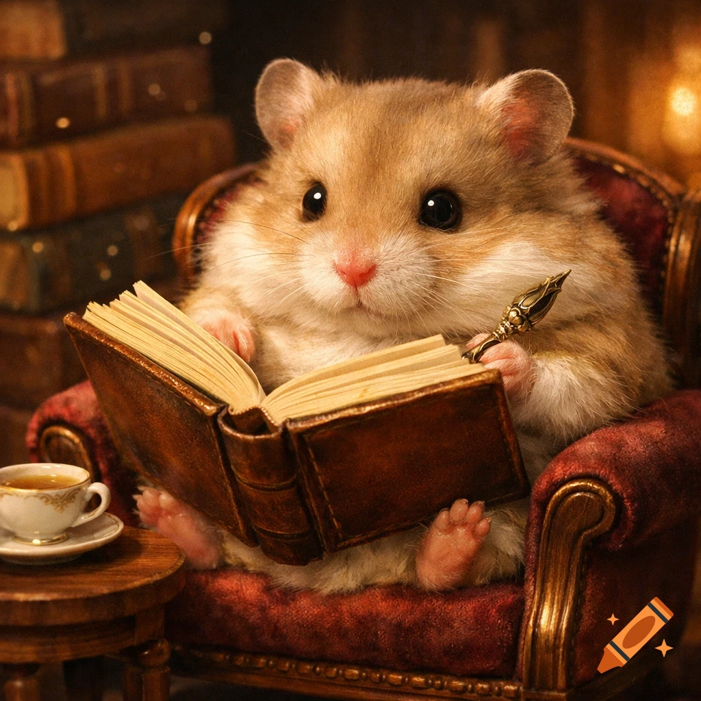 A cute, fluffy hamster sits in a miniature armchair, reading an open book and holding a small pen, with a teacup nearby.