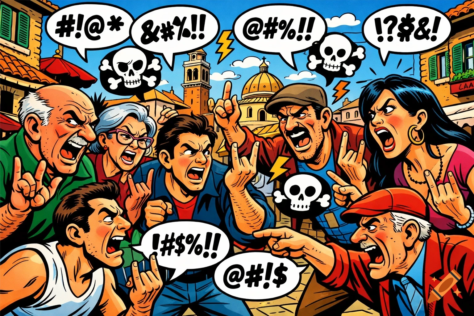 Vibrant comic illustration of angry Italian people yelling and gesturing in a piazza, with censored curse symbols in speech bubbles.