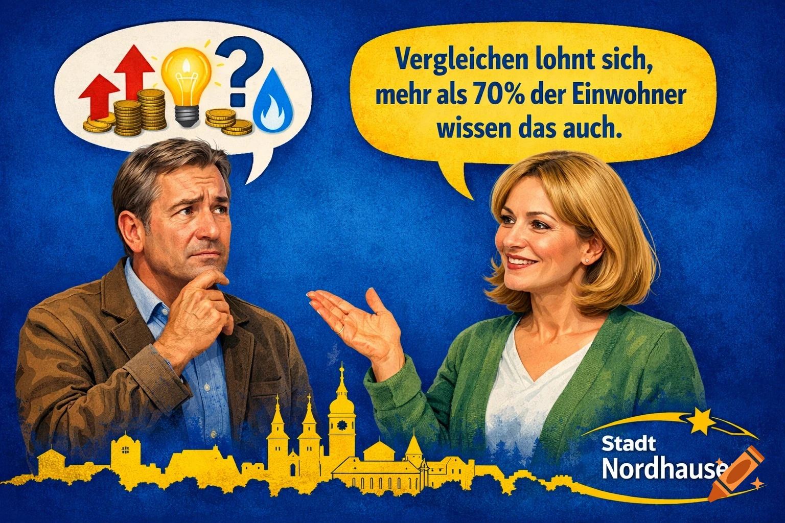 Illustration of a man and woman against a blue background. The man looks thoughtful under a bubble with economic symbols. The woman smiles, speaking German text about comparing and residents knowing it. A yellow city skyline and "Stadt Nordhausen" logo are at the bottom.