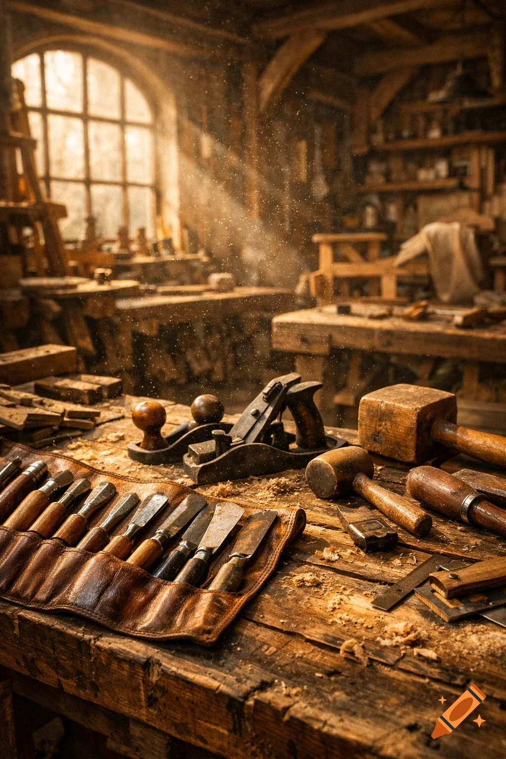 Photorealistic image of a sunlit woodworking shop, with chisels, a wood planer, and mallets on a dusty workbench.
