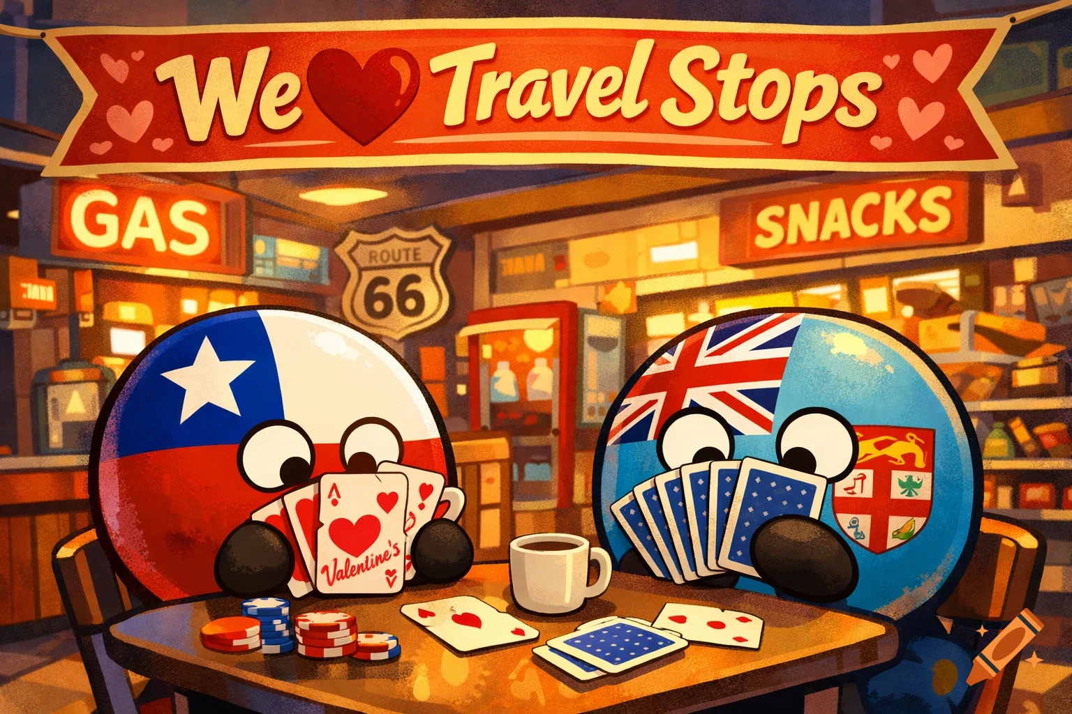 Cartoon countryballs of Chile and Fiji playing cards at a table inside a gas station with a "We Love Travel Stops" banner.