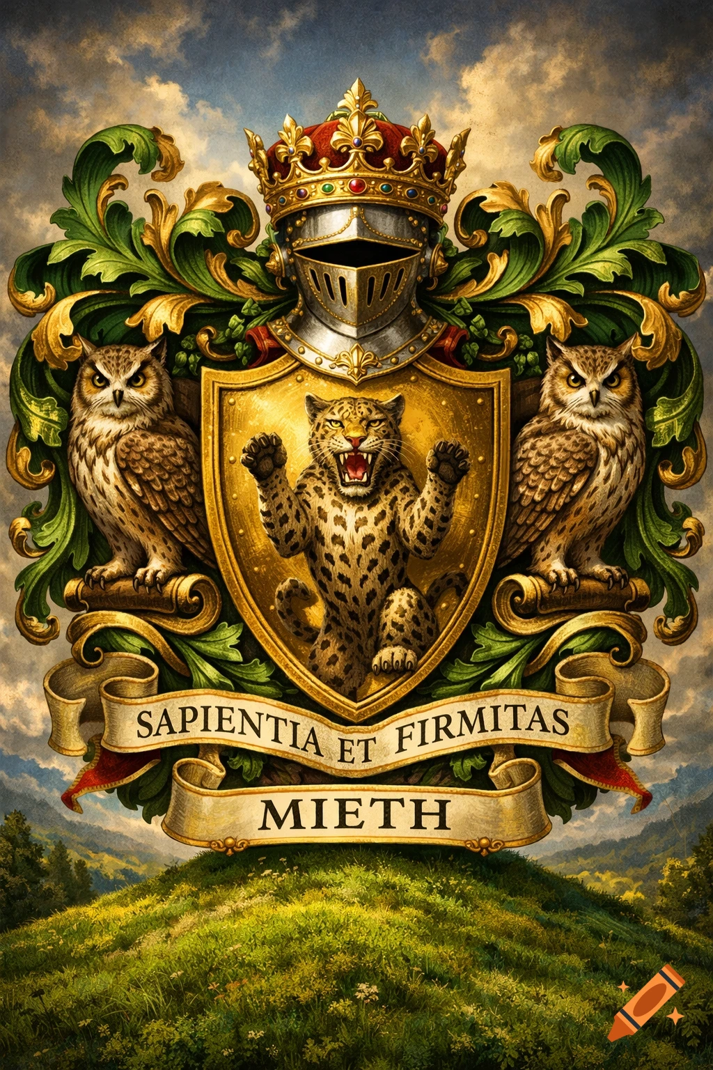 Ornate heraldic coat of arms: gold shield with a rearing leopard, flanked by owls, a knight's helmet, crown, and banners with 'SAPIENTIA ET FIRMITAS' and 'MIETH', on a green hill.