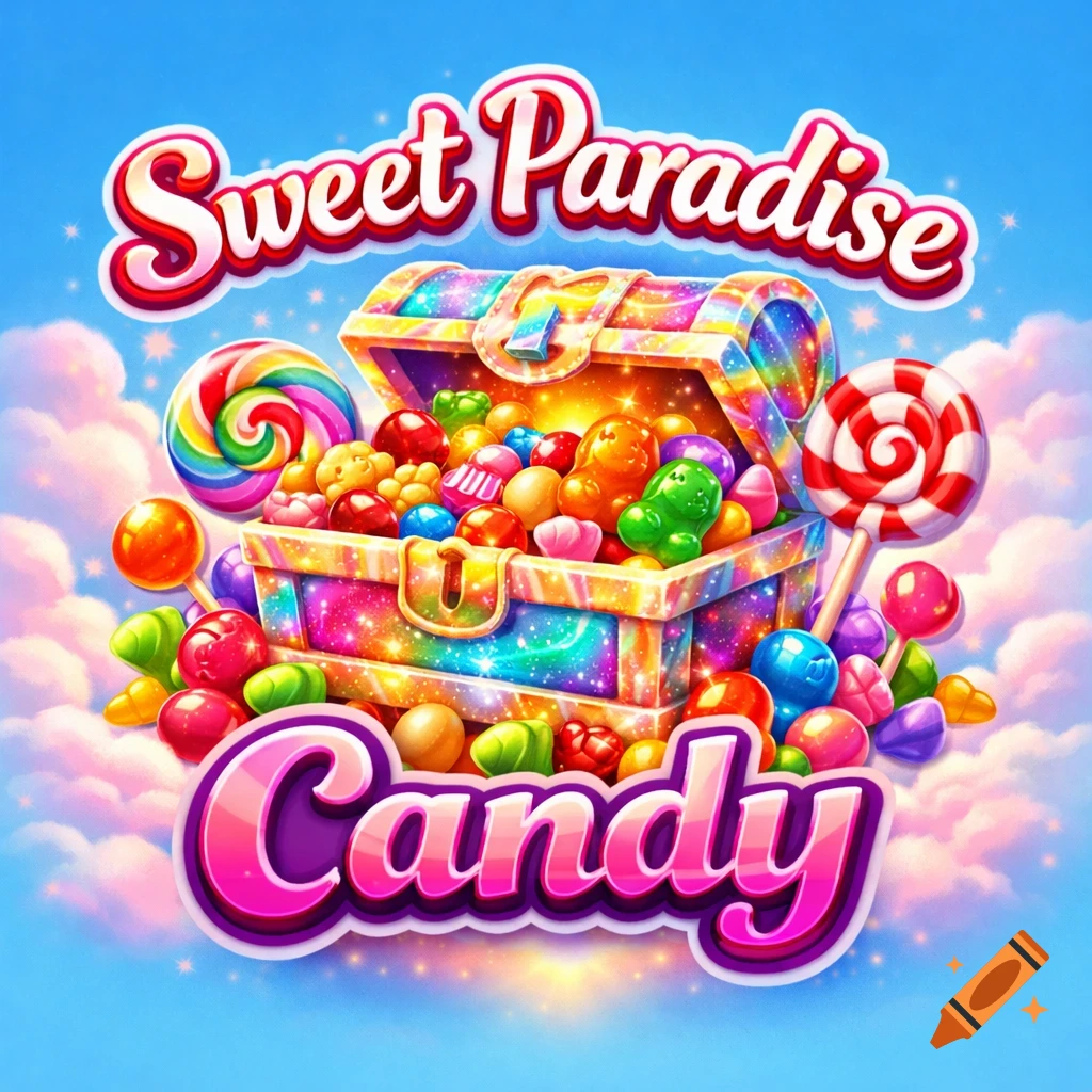 Vibrant illustration of a sparkly treasure chest filled with colorful candies and lollipops, with 'Sweet Paradise' and 'Candy' text.