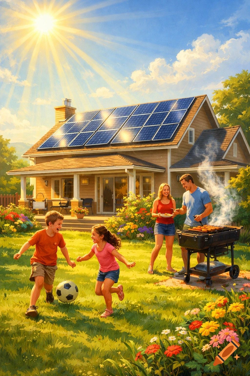A family enjoys a sunny backyard with a house featuring solar panels, parents grilling, and kids playing soccer.