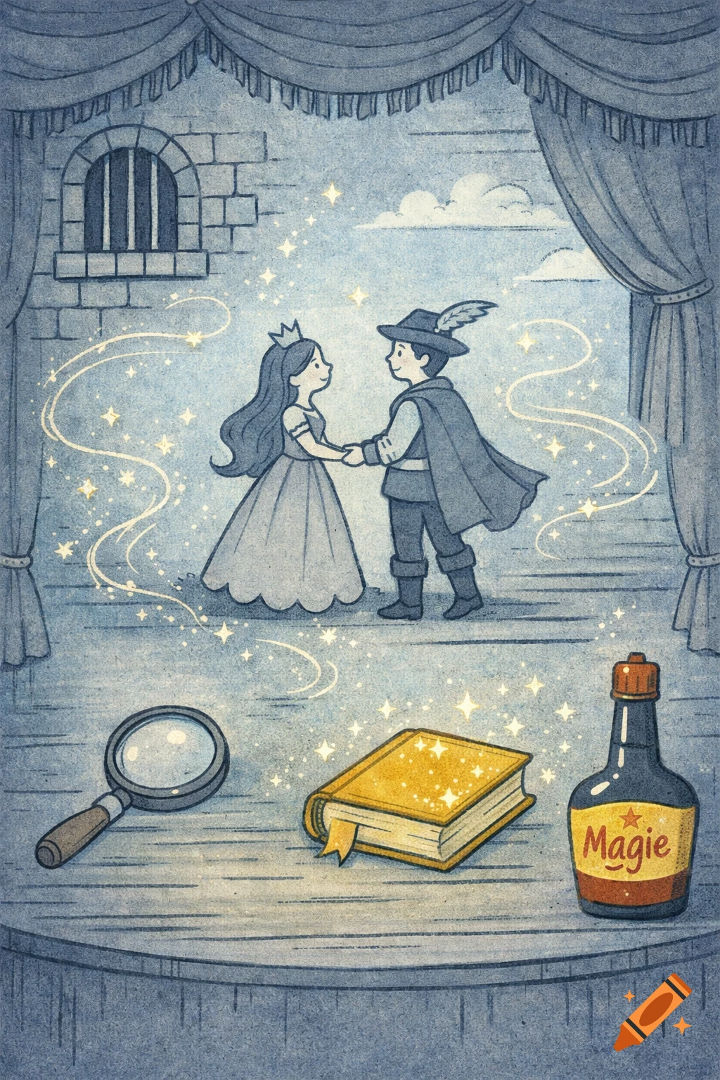 Hand-drawn fairytale illustration of a prince and princess on a theater stage with sparkles, a magnifying glass, a golden book, and a bottle labeled 'Magie'.