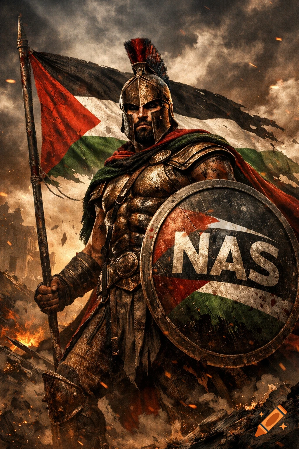 A fierce Spartan warrior in golden armor holds a spear and shield with 'NAS' on it, standing amidst a fiery, war-torn landscape under a Palestinian flag.