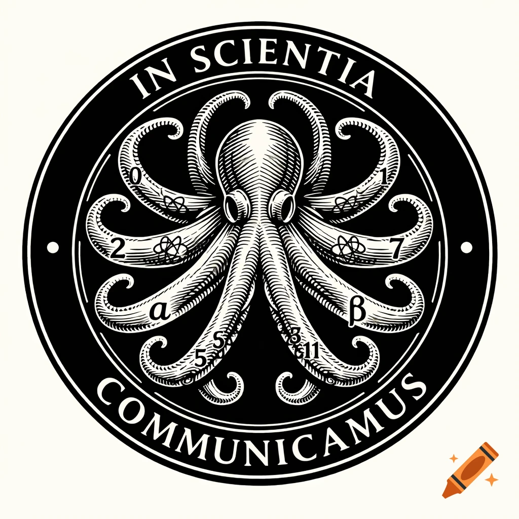 Monochrome circular seal logo featuring an engraved octopus with scientific symbols on its tentacles, surrounded by the Latin motto "IN SCIENTIA COMMUNICAMUS".